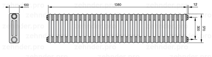 Схема (чертеж) Радиатор Zehnder Charleston 3037/30 №7610 Белый глянцевый RAL 9016